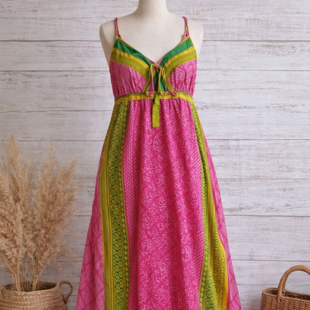Celina Vibrant Pink and Green Maxi Dress With Ruffle Hem